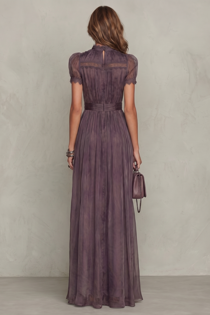 Purple lace maxi dress with back lace panel, puff sleeves, and belted waist