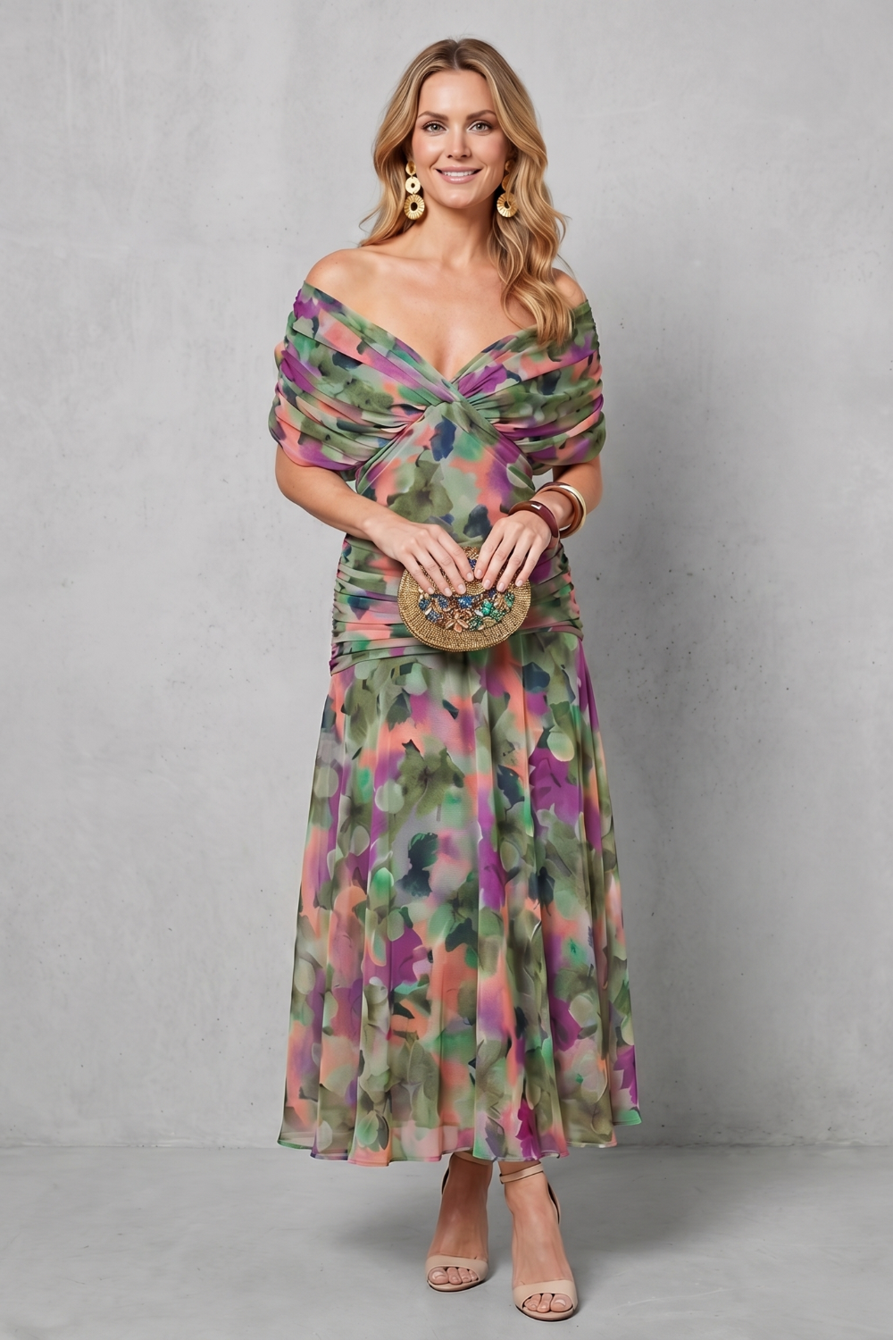Off-shoulder maxi dress with floral print, V neckline bodice twist, flowing skirt