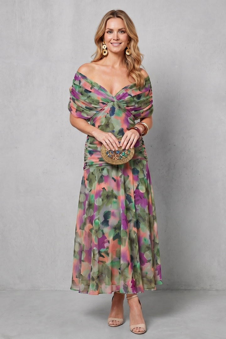 Off-shoulder maxi dress with floral print, V neckline bodice twist, flowing skirt