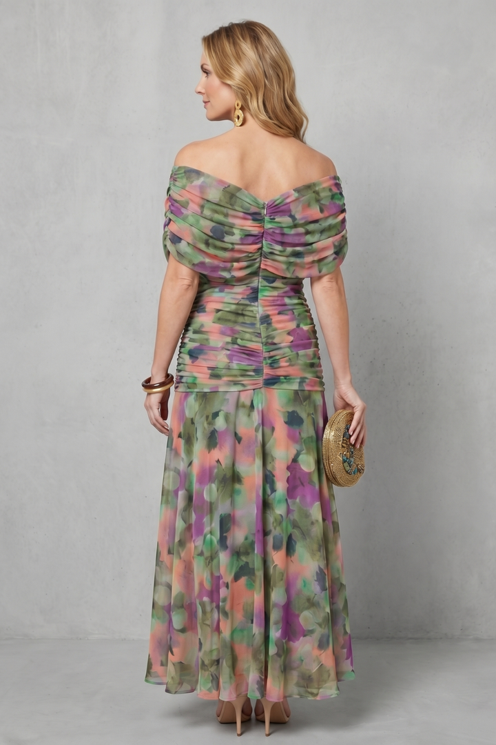 Off-shoulder maxi dress with floral print, ruched back detailing and gathered skirt
