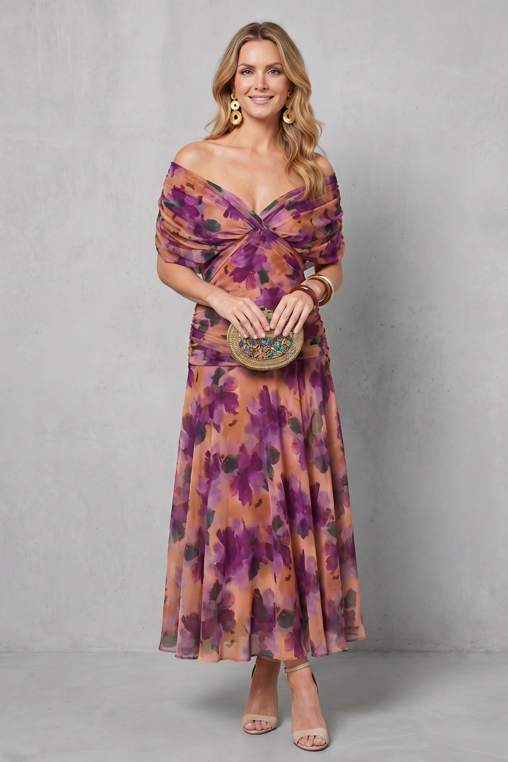 Off-shoulder maxi dress with purple floral print, gathered twist bodice and flowing skirt