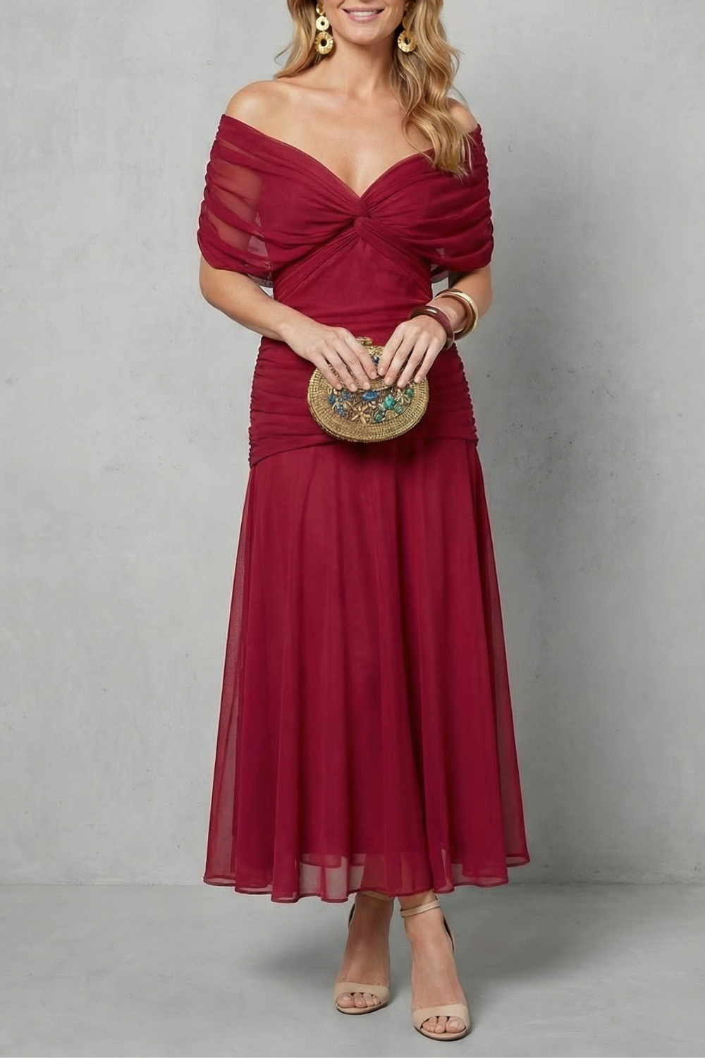 Off-shoulder maxi dress in wine red with ruched sweetheart bodice and gathered skirt