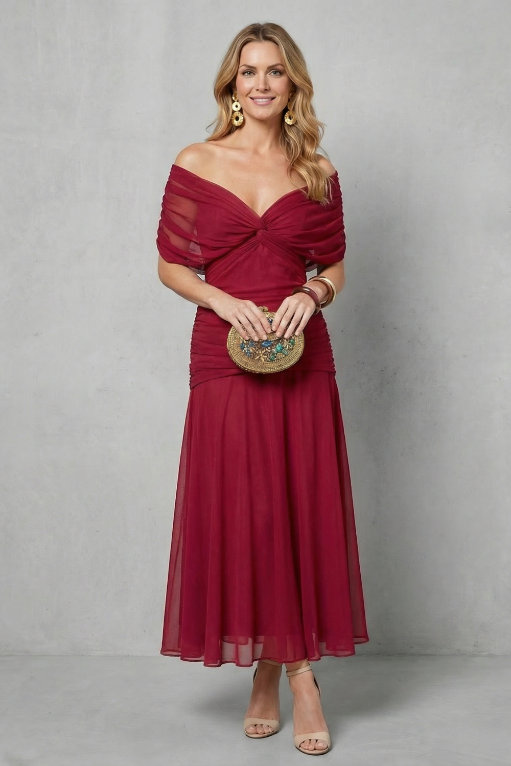 Off-shoulder maxi dress in wine red with off-shoulder drape and pleated, flared skirt