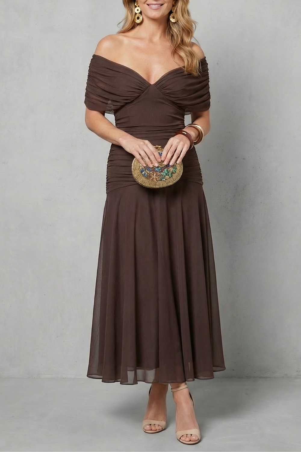 Dark brown off-shoulder maxi dress with ruched sweetheart neckline and tiered skirt