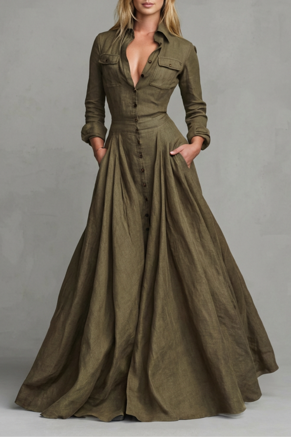 Army green long-sleeve maxi dress with button front, collar, and chest pockets