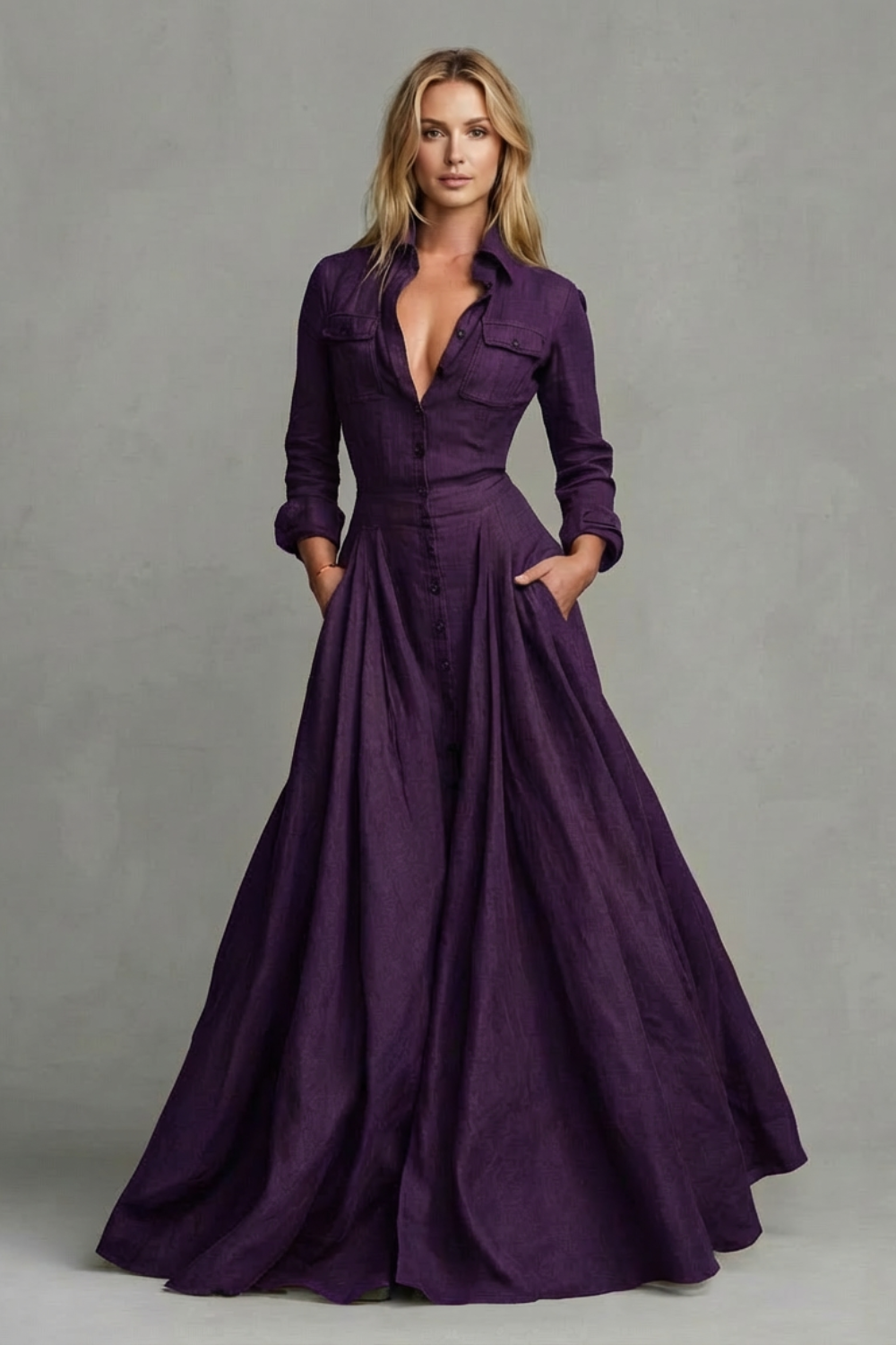 Dark purple long-sleeve maxi dress with collar and button placket; front view