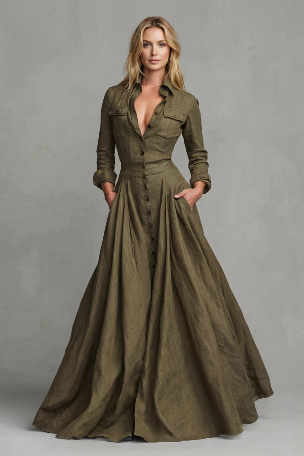 Army green long-sleeve maxi dress with collar, button placket, and gathered skirt