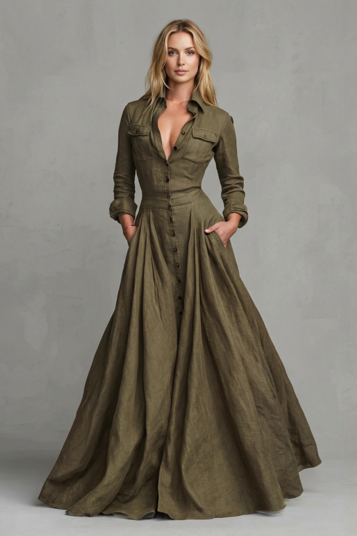 Army green long-sleeve maxi dress with collar, button placket, and gathered skirt