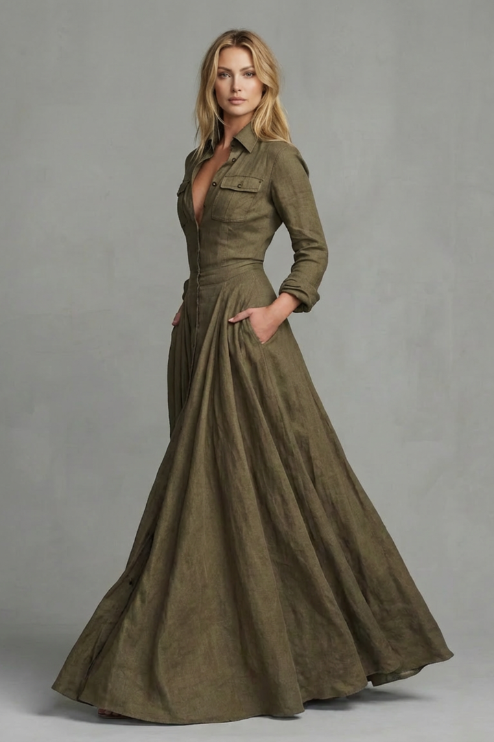 Army green long-sleeve maxi dress with collar and chest pocket; side view