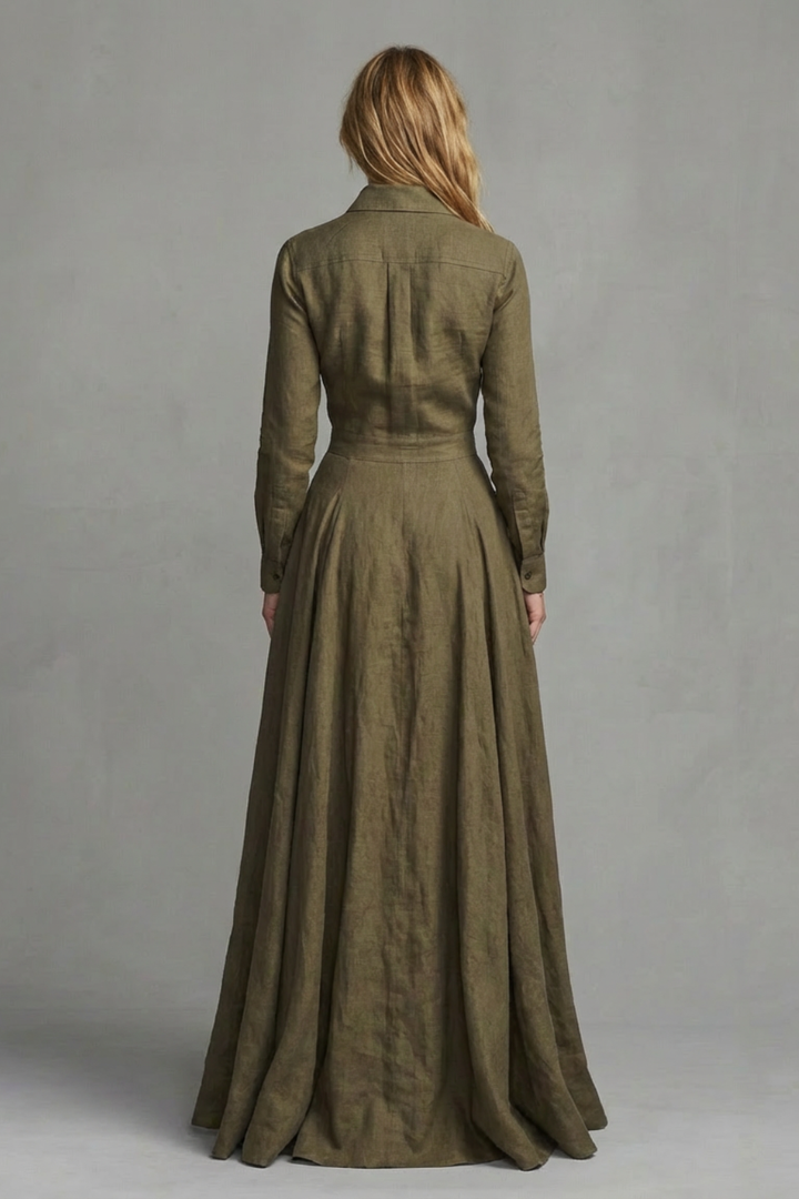 Army green long-sleeve maxi dress, back view, button placket and pleated skirt