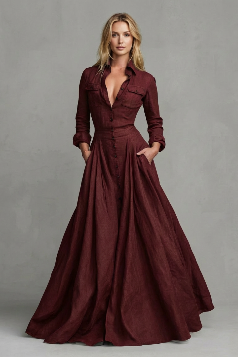 Wine red long-sleeve maxi dress with button placket and gathered full skirt