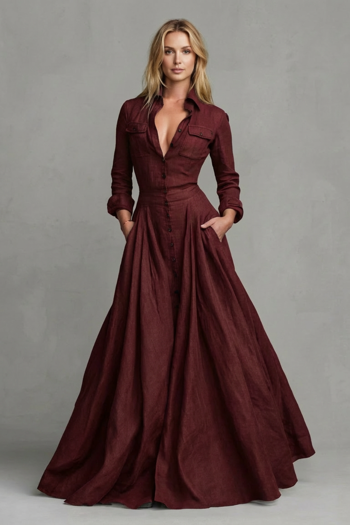 Wine red long-sleeve maxi dress with button placket and gathered full skirt