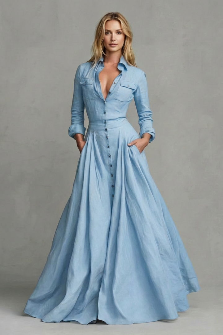 Light blue long-sleeve maxi dress with button placket and gathered skirt