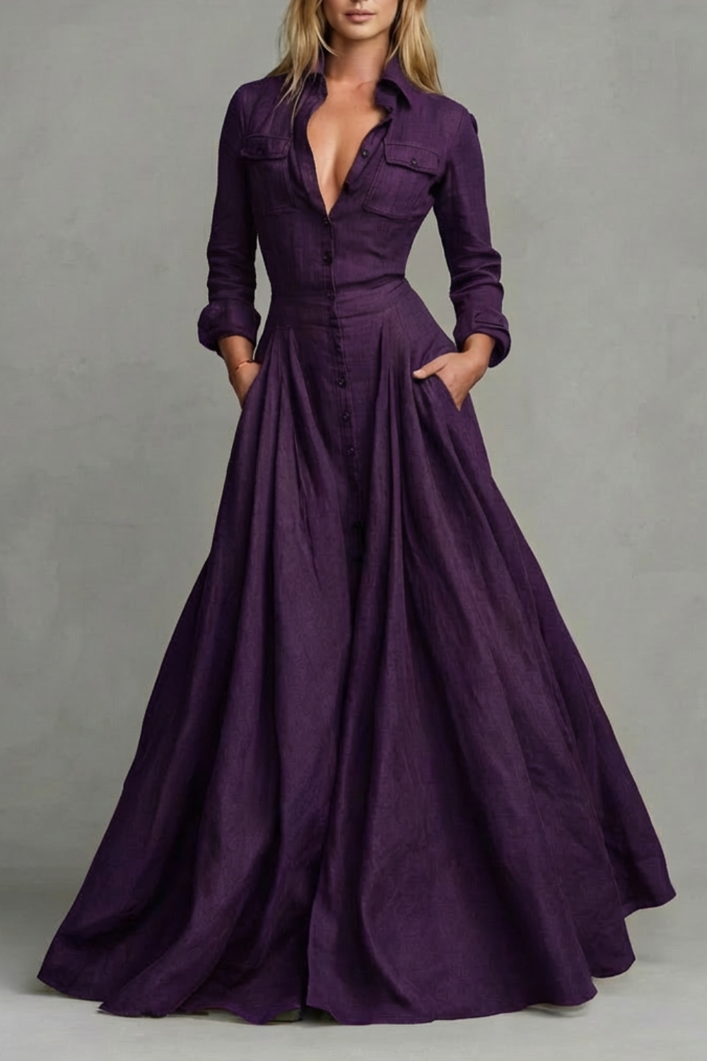 Dark purple long-sleeve maxi dress with collar, button front, and chest pocket