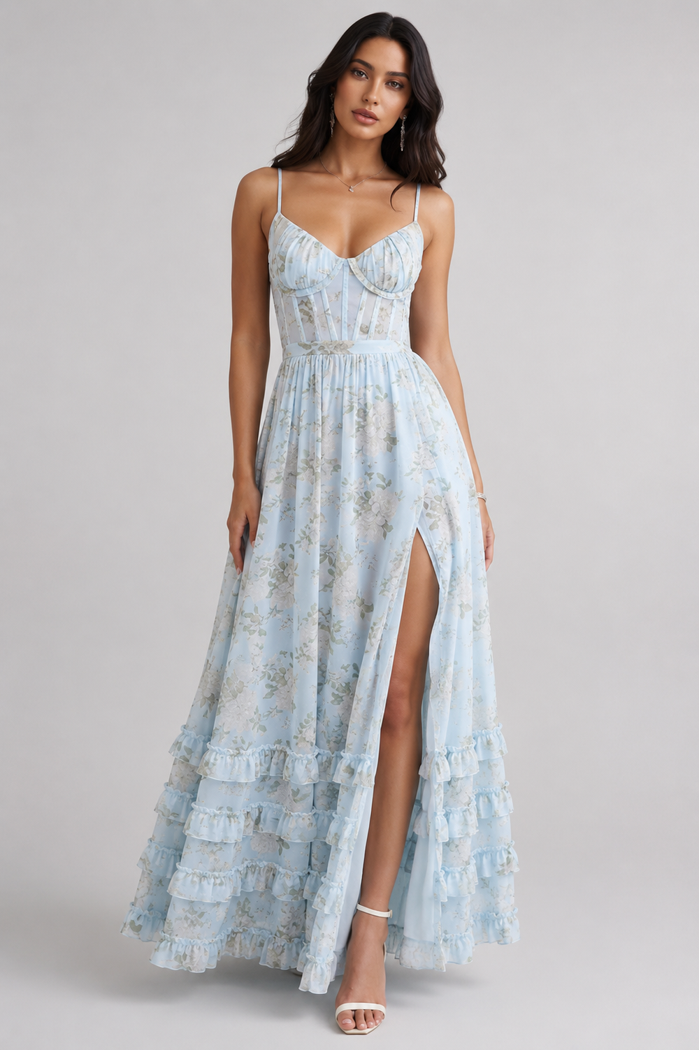 Blue floral maxi dress with spaghetti straps, smocked bodice, front slit, tiered ruffle hem