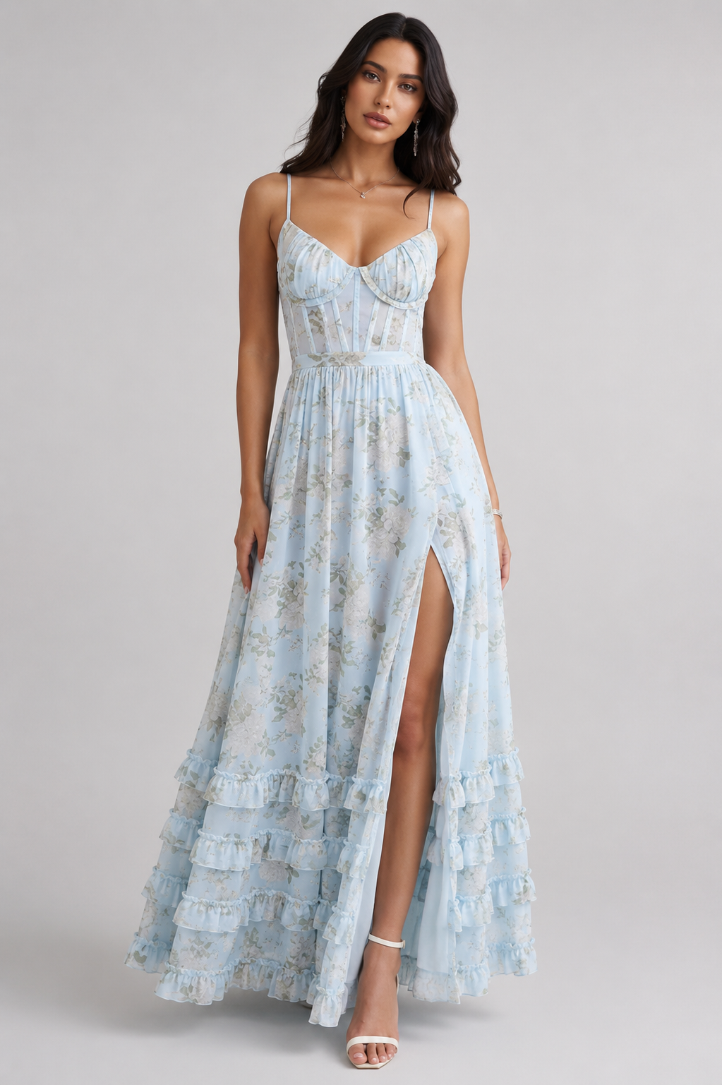 Blue floral maxi dress with spaghetti straps, smocked bodice, front slit, tiered ruffle hem