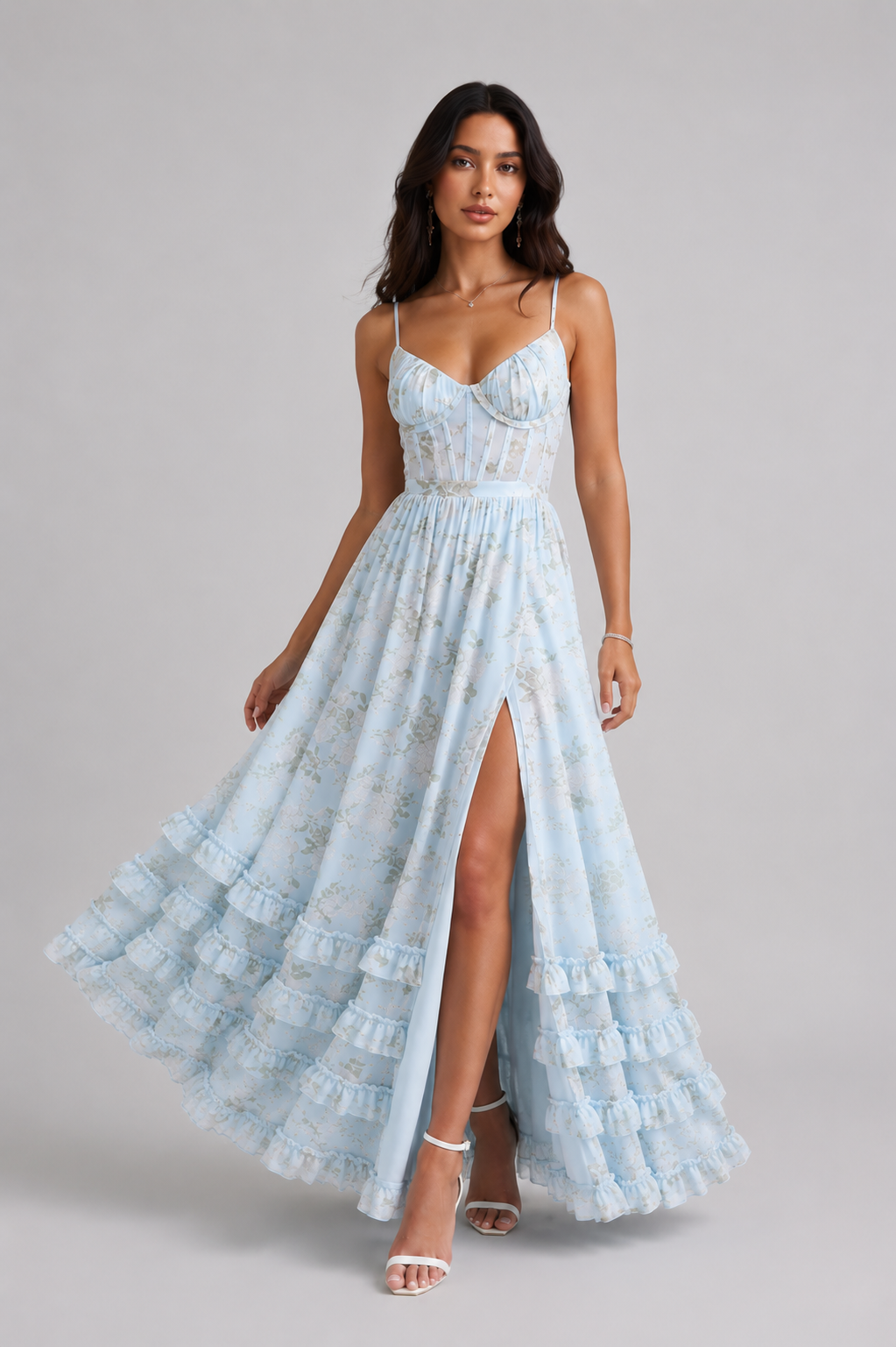 Blue floral maxi dress with spaghetti straps, sweetheart bodice, gathered waist, front slit, ruffles