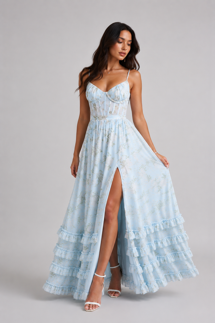Blue floral maxi dress with spaghetti straps, sweetheart bodice, front slit, tiered ruffles