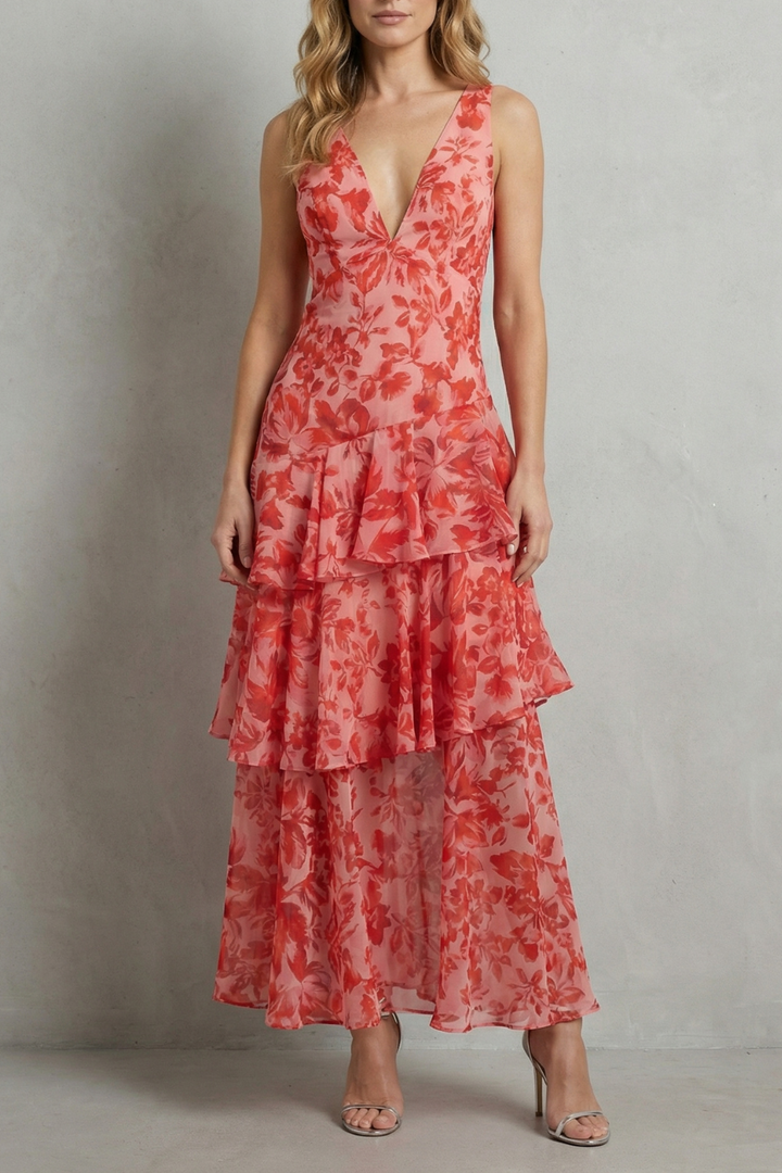 Red-orange chiffon maxi dress with V-neck and tiered ruffle skirt