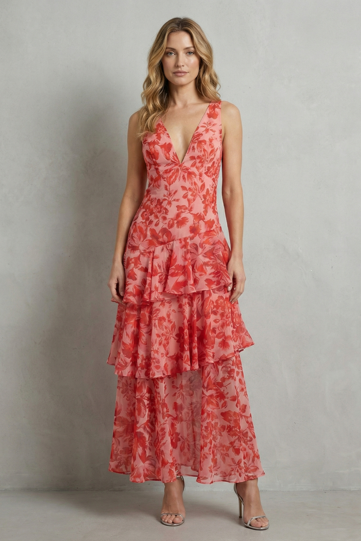 Red-orange chiffon maxi dress with sleeveless V-neck and tiered layers