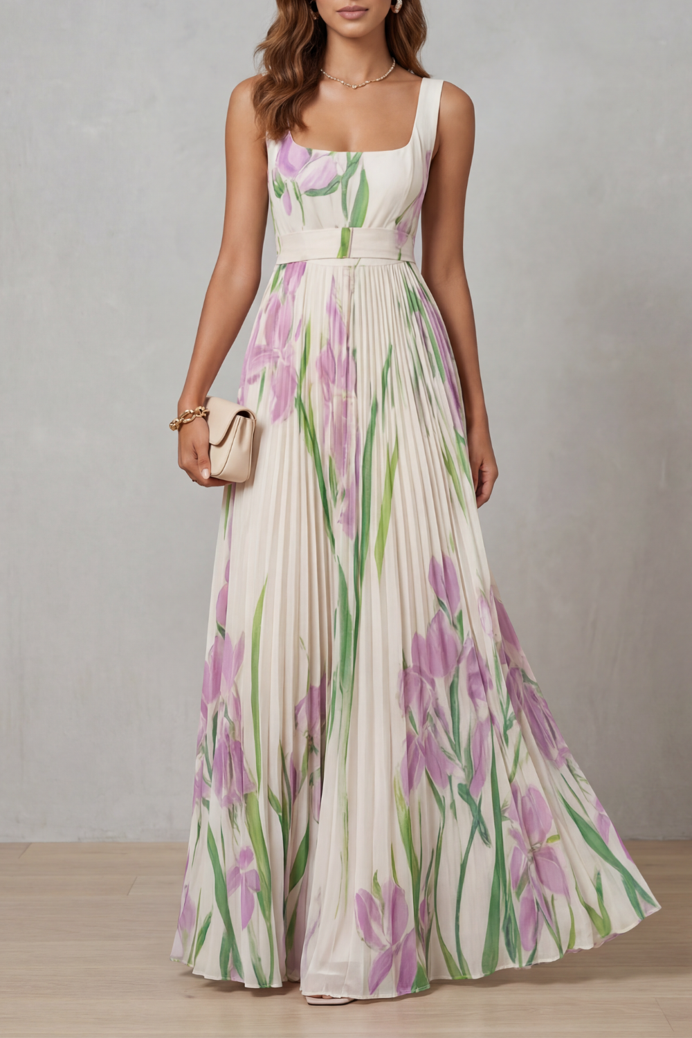 Sleeveless watercolor floral pleated maxi dress, white base with pink and green blooms