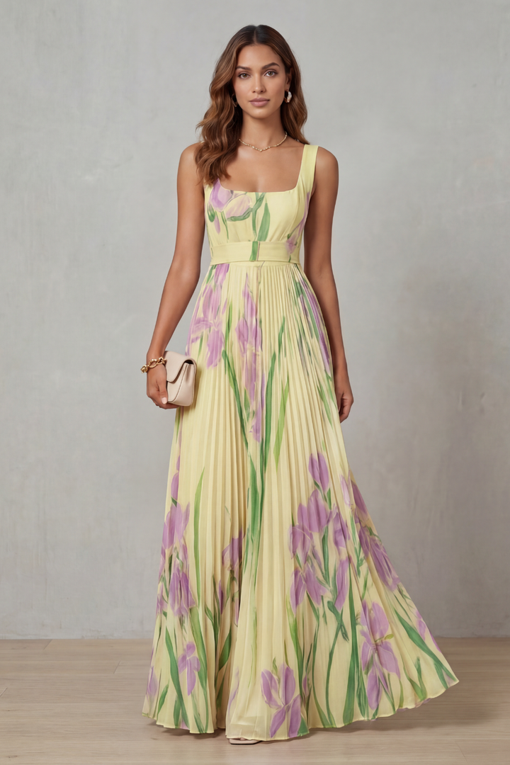 Yellow watercolor floral pleated maxi dress, square neckline, sleeveless, fitted bodice