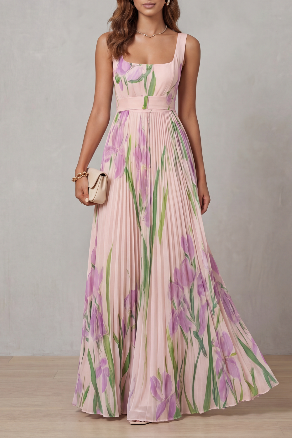 Pink watercolor floral pleated maxi dress, square neckline, sleeveless