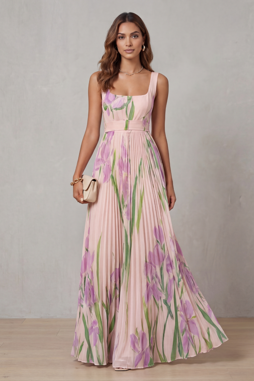Pink watercolor floral pleated maxi dress, square neckline, sleeveless, tied waist