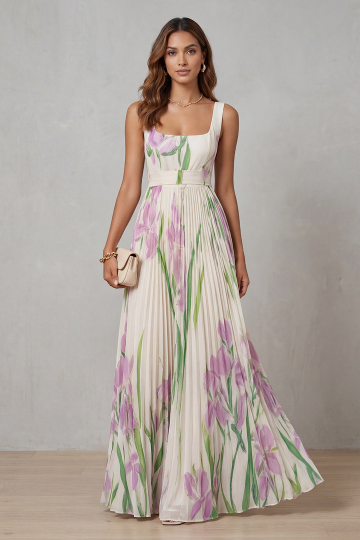 Scoop-neck watercolor floral pleated maxi dress, sleeveless with white and purple-pink blooms