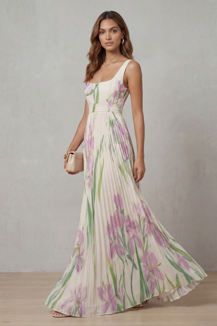 Watercolor floral pleated maxi dress with thin straps, white base and pink-green blooms