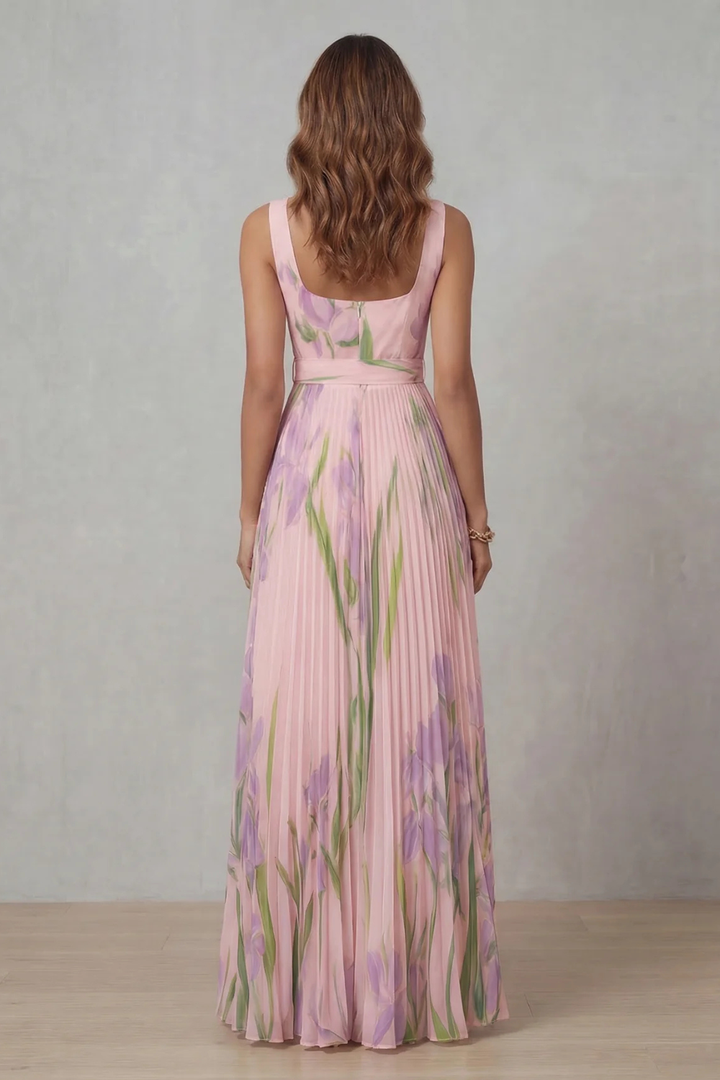 Back view: pink watercolor floral pleated maxi dress, sleeveless with elastic waist