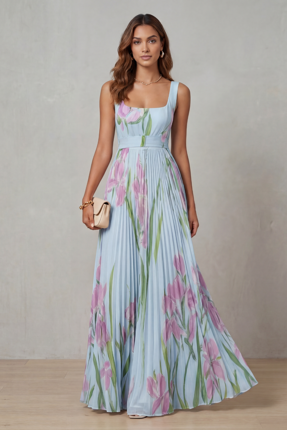 Blue watercolor floral pleated maxi dress, square neckline, sleeveless, elastic waist