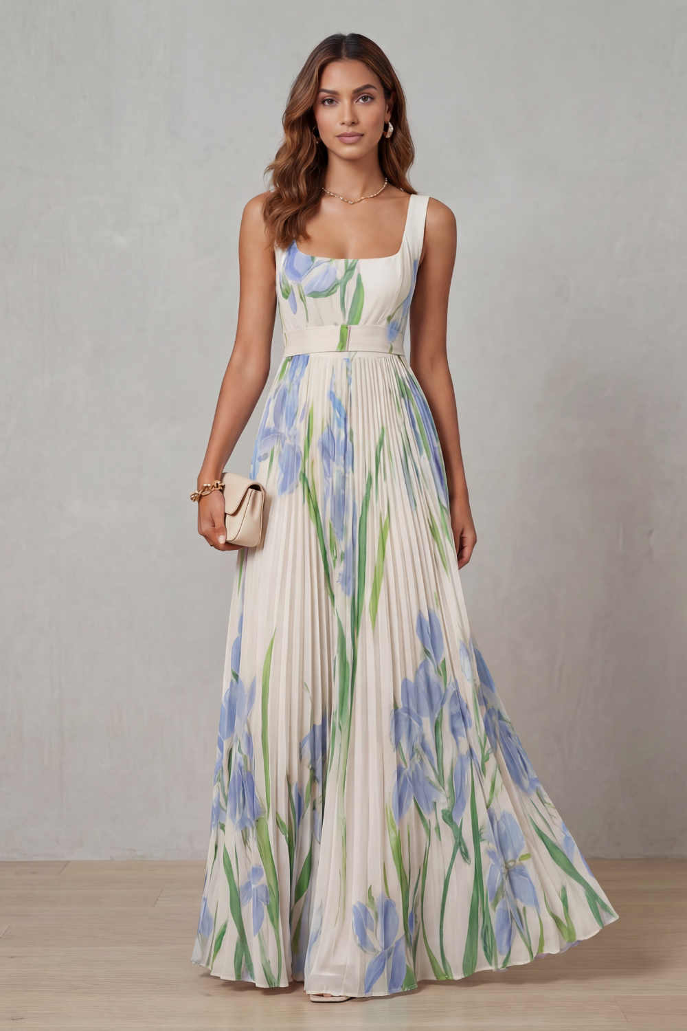 Back view: light base watercolor floral pleated maxi dress, sleeveless, elastic waist