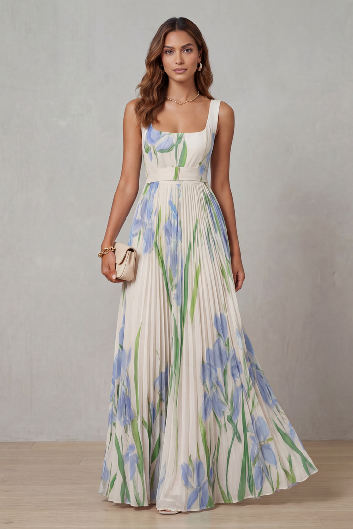 Back view: light base watercolor floral pleated maxi dress, sleeveless, elastic waist