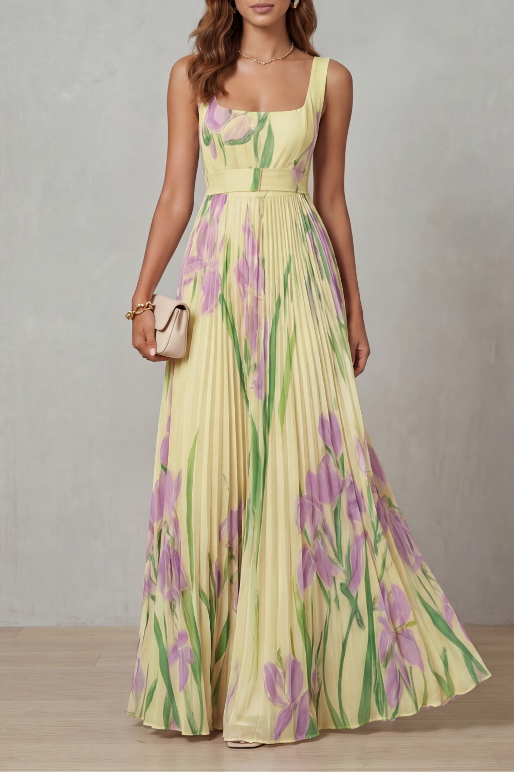 Yellow watercolor floral pleated maxi dress, square neckline, sleeveless, long skirt