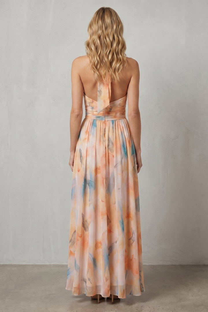 Watercolor halter maxi dress with open back, orange and blue print, ankle length