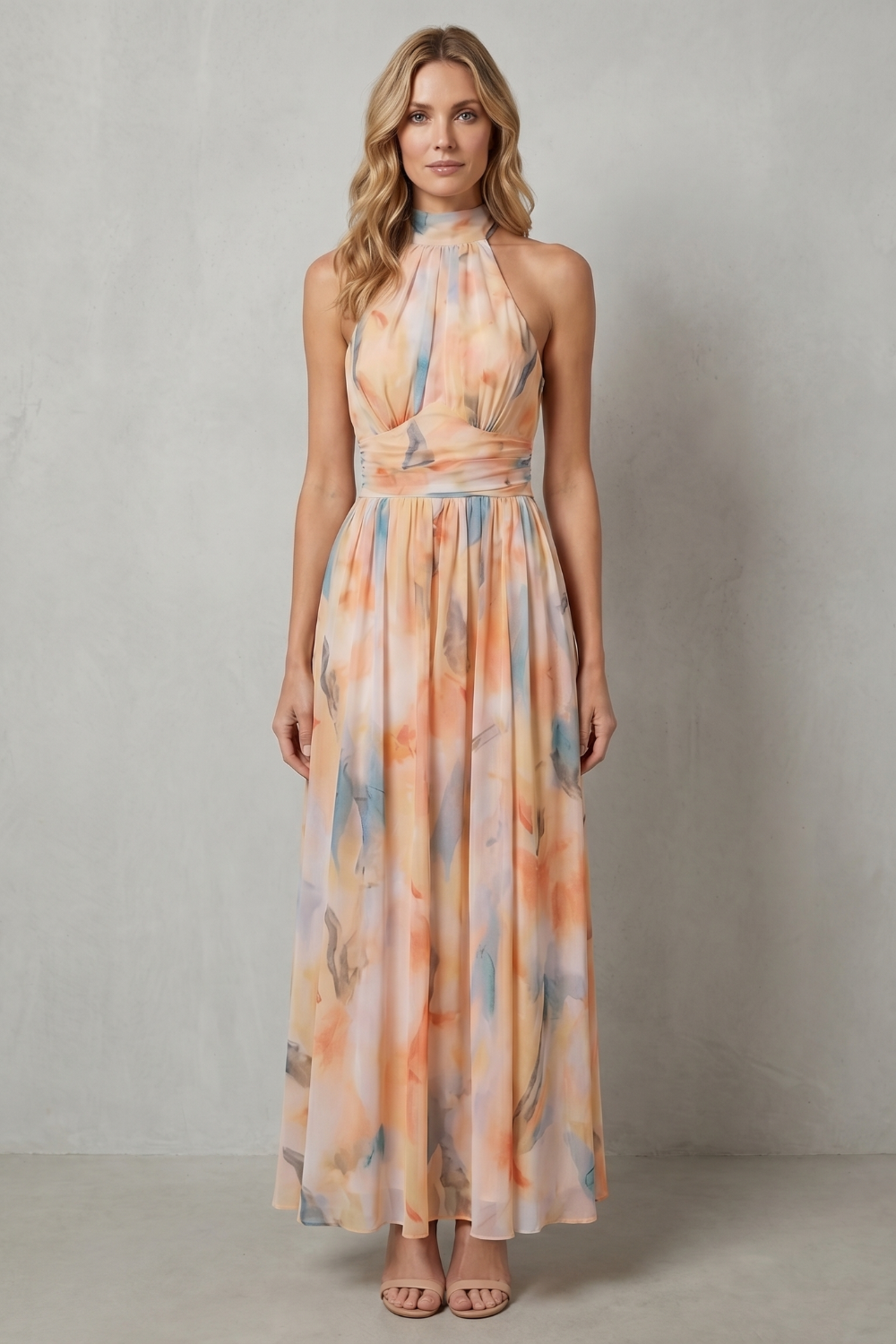Watercolor halter maxi dress, orange and blue swirl print, smocked waist