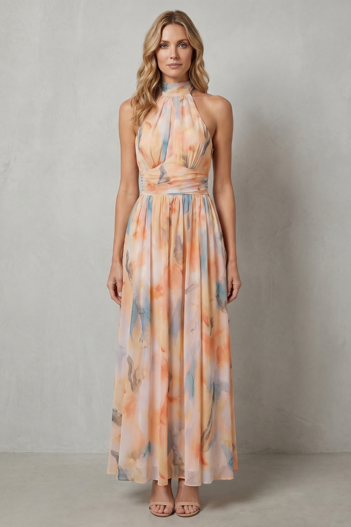 Watercolor halter maxi dress, orange and blue swirl print, smocked waist