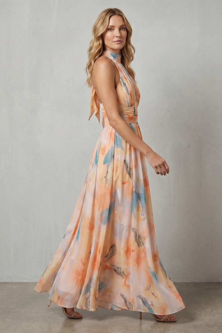 Watercolor halter maxi dress, orange and blue watercolor print, open back