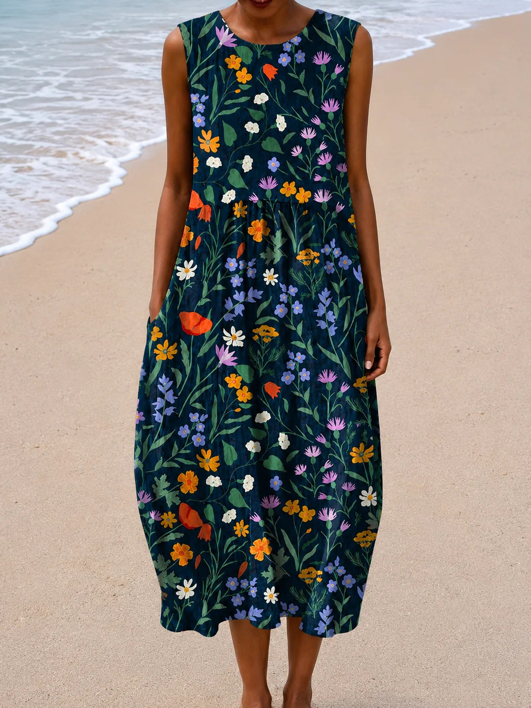 Sleeveless floral maxi dress, dark navy with multicolor flower print.