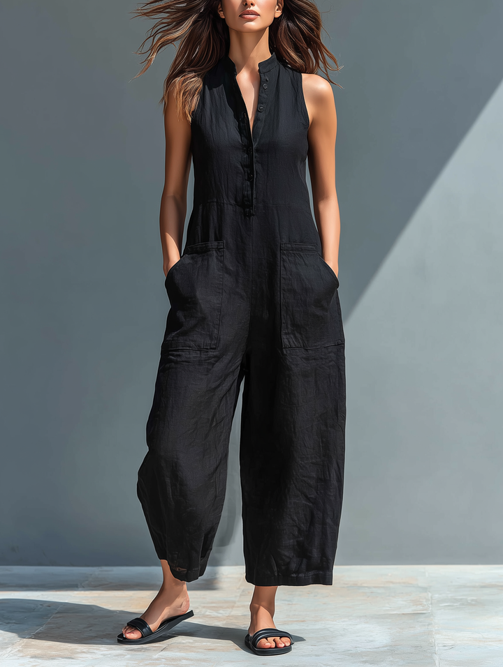 Sleeveless utility jumpsuit, black, button-front with patch pockets and wide legs