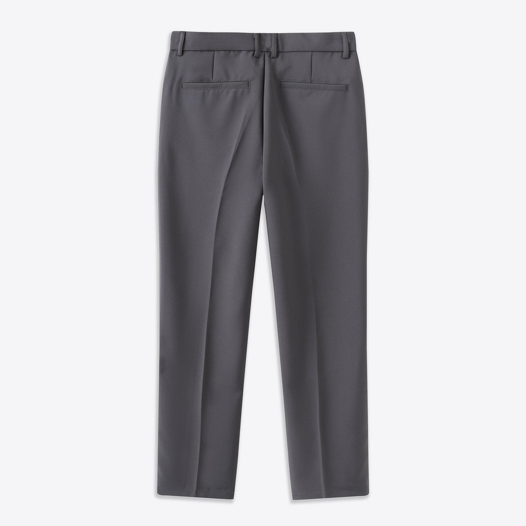 Gray stretch dress pants with flat front and button waistband