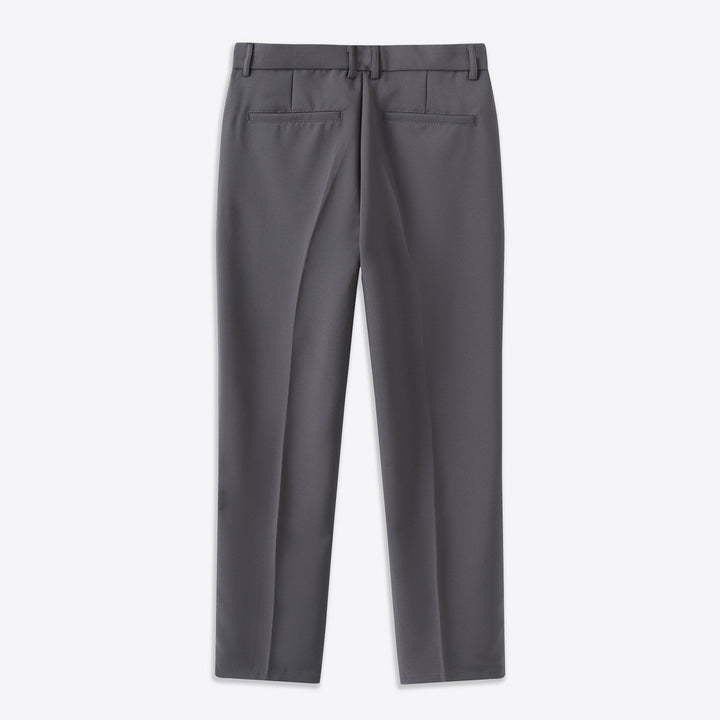 Gray stretch dress pants with flat front and button waistband