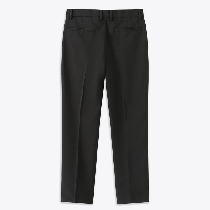 Black stretch pants, front view; straight leg with belt loops and button closure