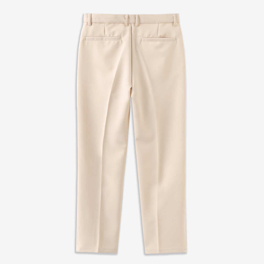 Nude stretch pants with back pockets, belt loops, and straight leg