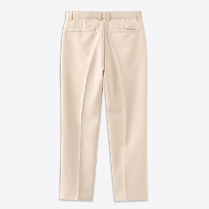 Nude stretch pants with back pockets, belt loops, and straight leg