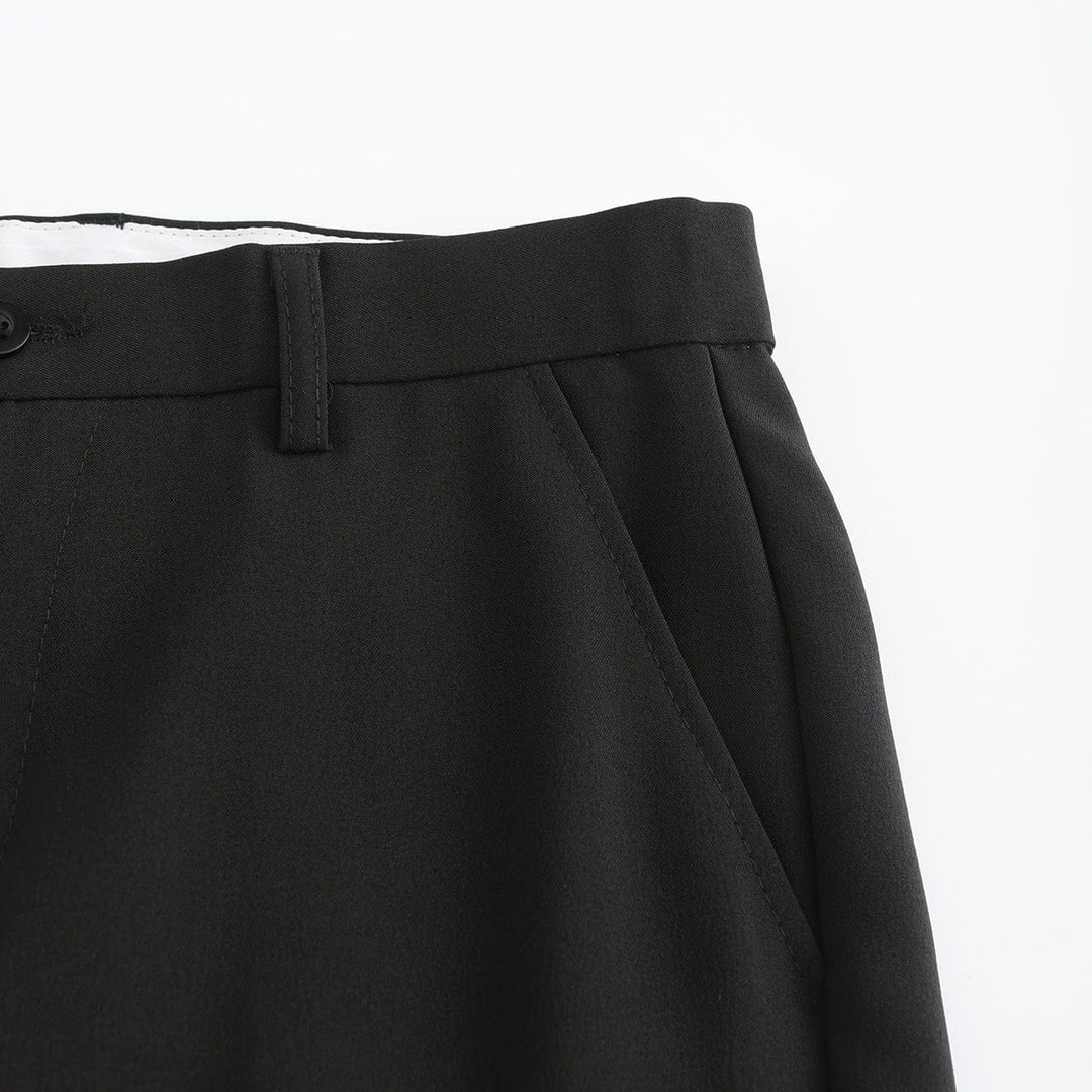 Black stretch pants side waistband with pleat and tapered leg