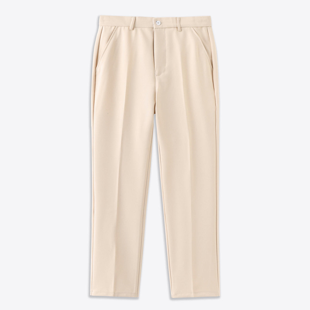 Nude stretch pants with belt loops, button closure, and straight leg