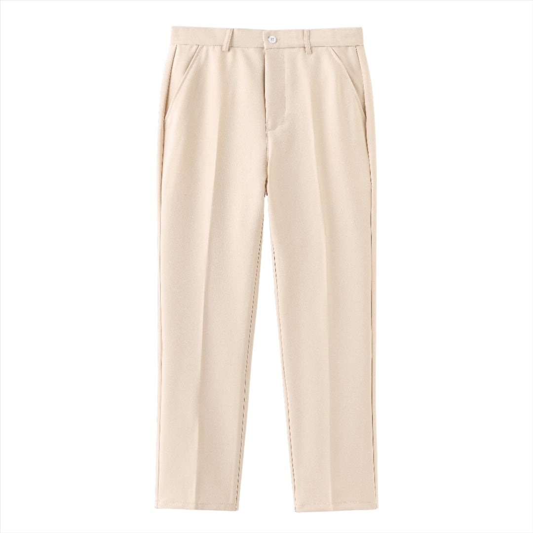 Nude stretch pants with straight leg, button closure, and belt loops