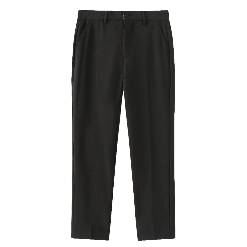 Black stretch pants with straight leg, front button closure, and belt loops